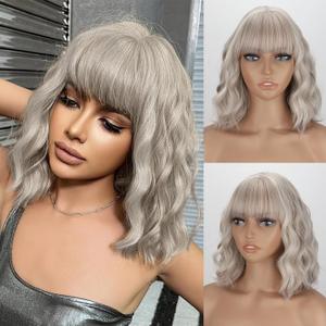 MISSQUEEN Ash Blonde Wavy Wig with Bangs Short Grey Blonde Wavy Bob Wig for Women Colorful Synthetic Heat Resistant Fiber Wigs for Daily Cosplay Costume Party Christmas Holiday Used (12inch)