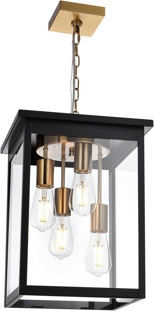 TODOLUZ Outdoor Pendant Light Fixtures, 4-Lights Large Outdoor Ceiling Hanging Lanterns in Black & Brushed Brass, Farmhouse Exterior Chandelier for Front Door Entry Patio