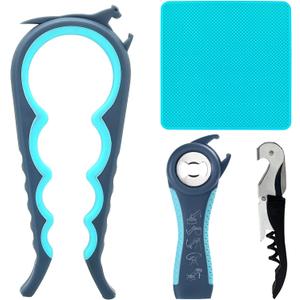 Otstar Latest Jar Opener for Seniors with Arthritis, Weak Hands, Multi-function Bottle Opener with Non Slip Rubber Jar Opener Gripper Pad and Corkscrew Wine Opener (Blue and Grey)