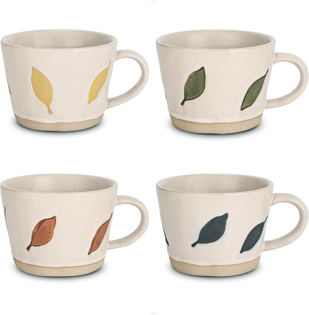 Leaf Mug, 11 oz Ceramic Coffee Cup for Tea Latte Cappuccino, Cute Unique Stoneware Teacup with Handle (Set of 4, Green Blue Yellow and Brown)