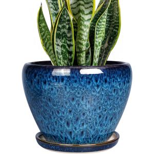 8 Inch Ceramic Plant Pot, Ceramic Planter Pot for Indoor Outdoor Plants, Round Flower Pot with Drainage Hole and Saucer, Blue