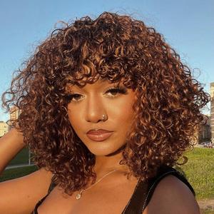 Short Curly Wig with Bangs Human Hair for Women Ombre Brown 10 inch Short Water Wave Curly Bob Wig Glueless Wig 150% Density (Color: TT1B/33)