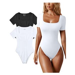 OQQ Women's 2 Piece Bodysuits Sexy Ribbed One Piece Square Neck Short Sleeve Bodysuits Black White S