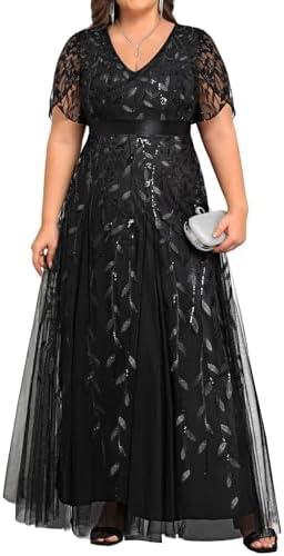 Pinup Fashion Plus Size Formal Dresses - Evening Gowns Wedding Sequin Embroidery V-Neck Prom Long Dress, M-L