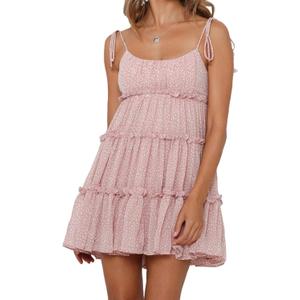 Mansy Womens 2026 Summer Floral Mini Dress Boho Flowy Skater Dresses Short Sleeveless Ruffle Spaghetti Strap Dress (Medium, Pink)