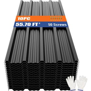 Brakki Metal Roofing Panels 10pcs 55.7 ft², Black Corrugated Roof Panels, 10pcs/L45.28"