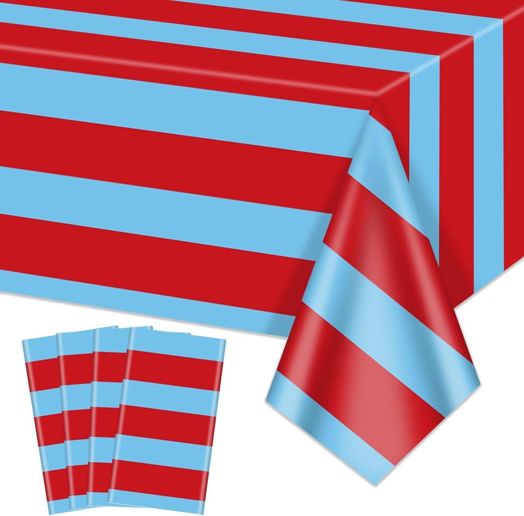 4 Pcs Red and Blue Striped Tablecloths, Carnival Circus Party Decorations, Plastic Table Cover for Circus Party Movie Night Birthday Fiesta Decor, 51 x 86in