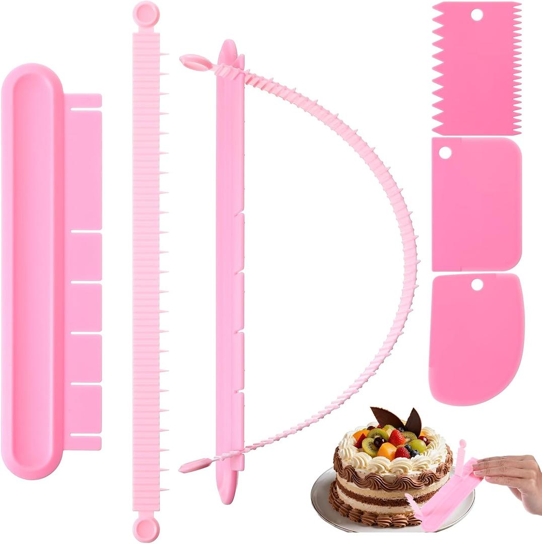 2 PCS Fondant Cake Arc Ruler, Pink Premium Adjustable Cake Arch Guide Tool with 3 PCS Cake Scrapers Cakes Baking Measure Decorating Graduated Scale for Home Kitchen Bakery