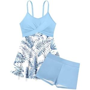 Girls Swimsuits Criss Cross Tropical Print Mesh Dress Bathing Suits with Shorts 2 Piece Tankini for Teens, 11-12Y