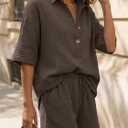 LILLUSORY Women 2 Piece Linen Short Sets 2026 Summer Vacation V Neck Short Sleeve Beach Outfits Oversized Button Cotton Pjs (Brown, L)
