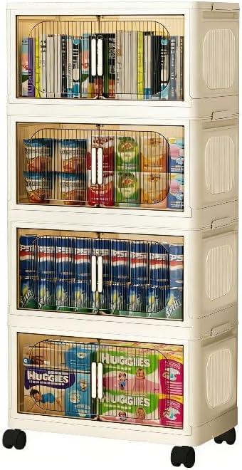 Foldable Storage Cabinet with Lid, Plastic Storage Box with Wheels, for Bedroom Desktop, Living Room, Kitchen Supplies Organization, Stackable Organizer, Medium Size 17.7×10.2×32.7 inch (4 Tiers)