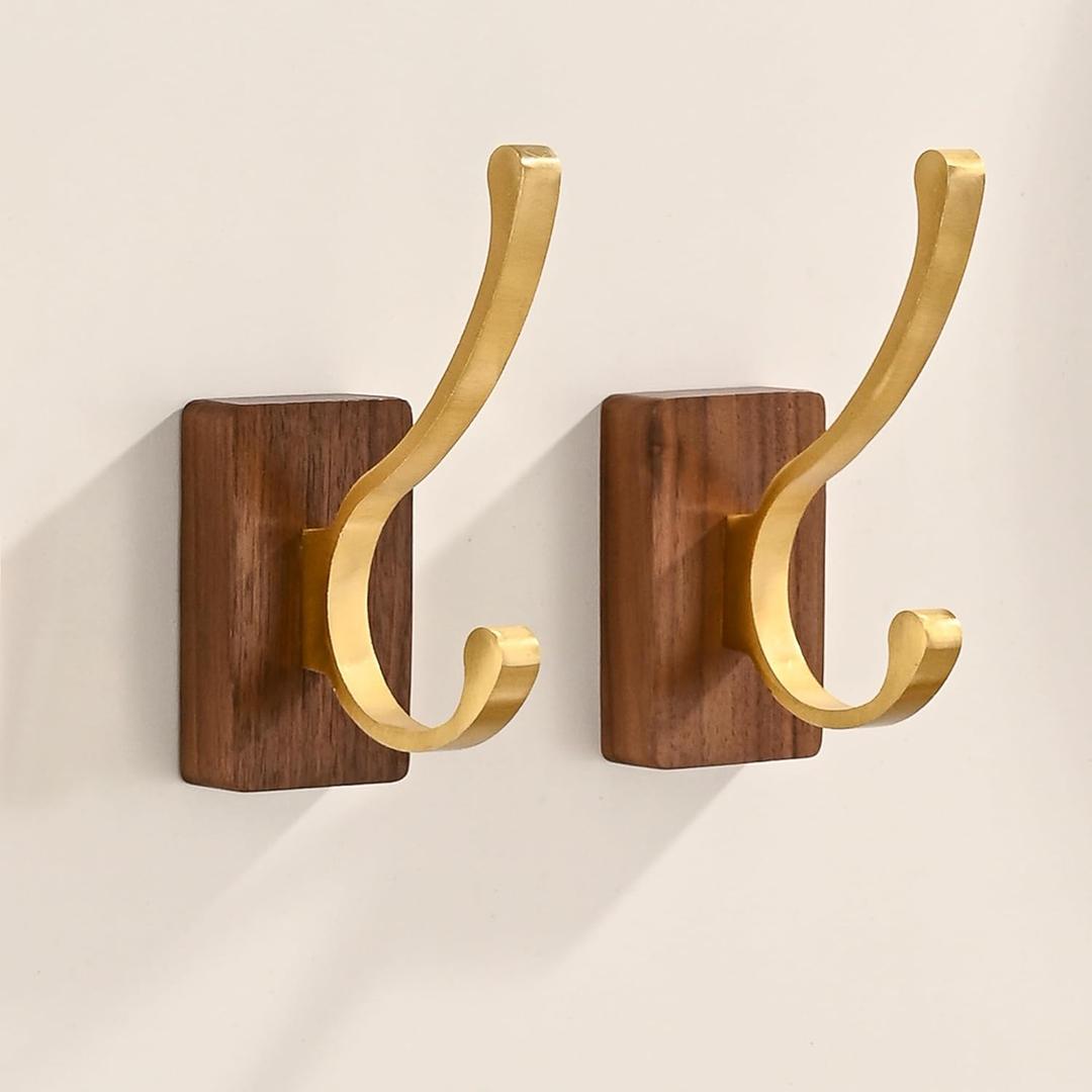 2 Pack Wooden Wall Hooks for Hanging, Adhesive Mounted Wall Mounted Boho Decorative Nature Wood Coat Hook for Towel Clothes Blanket Hat Backpack Robe Nursery Door Board Entryway Key Holder Gold (Gold Wall Hooks)