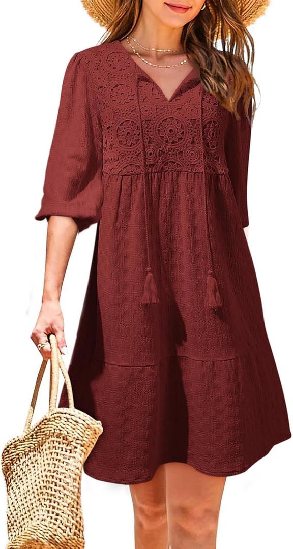 Dokotoo Womens Dresses Summer V Neck Drawstring Embroidered Half Sleeve Mini Dress Boho Dresses for Women 2026 Sundresses (Red, L)
