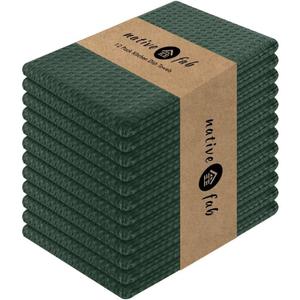 Native Fab Waffle Weave Dish Towels 12 Pack, 100% Cotton Kitchen Dishcloths with Hanging Loop, 16x26 Inches, Super Absorbent, Washable, Quick Dry for Kitchen Cleaning, Drying Dishes, Forest Green (Set of 12)