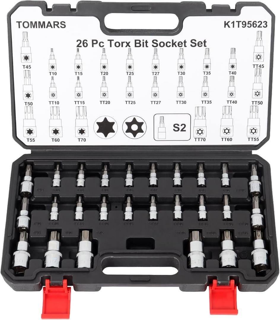 TOMMARS 26-PC Torx Socket Set, Torx Star Tamper Proof Security Bit Socket Set 1/4", 3/8", 1/2" Drive T Sockets T10-T70 & TT10-TT70, S2 Alloy Steel