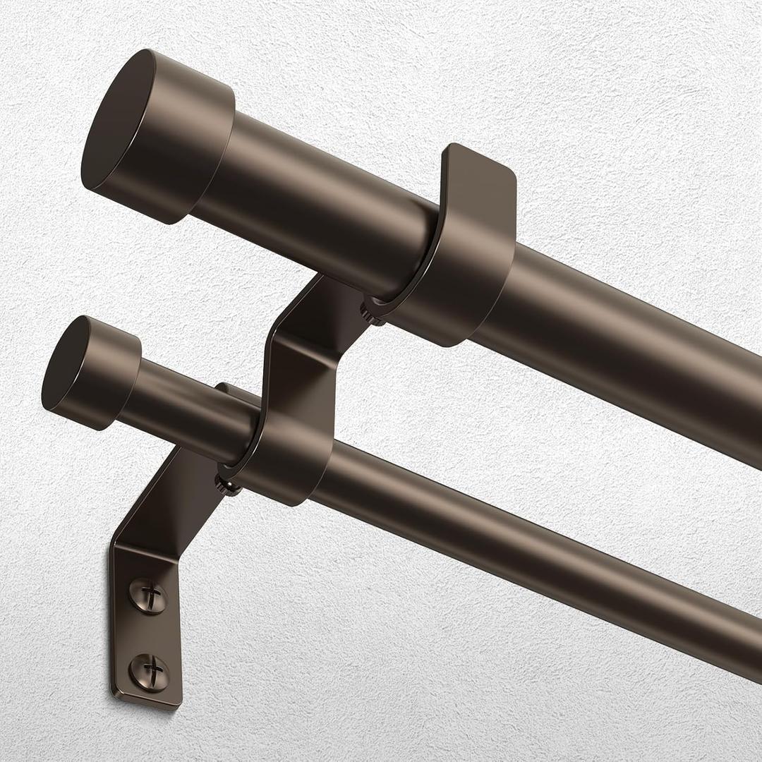 Bronze Double Curtain Rod, 36 to 72 Inch Dual Curtain Rods with Aluminium Modern End Cap Finials, 1 Inch Adjustable Heavy Duty Window Treatment Rods, Telescopic Metal Double Drapery Pole Set
