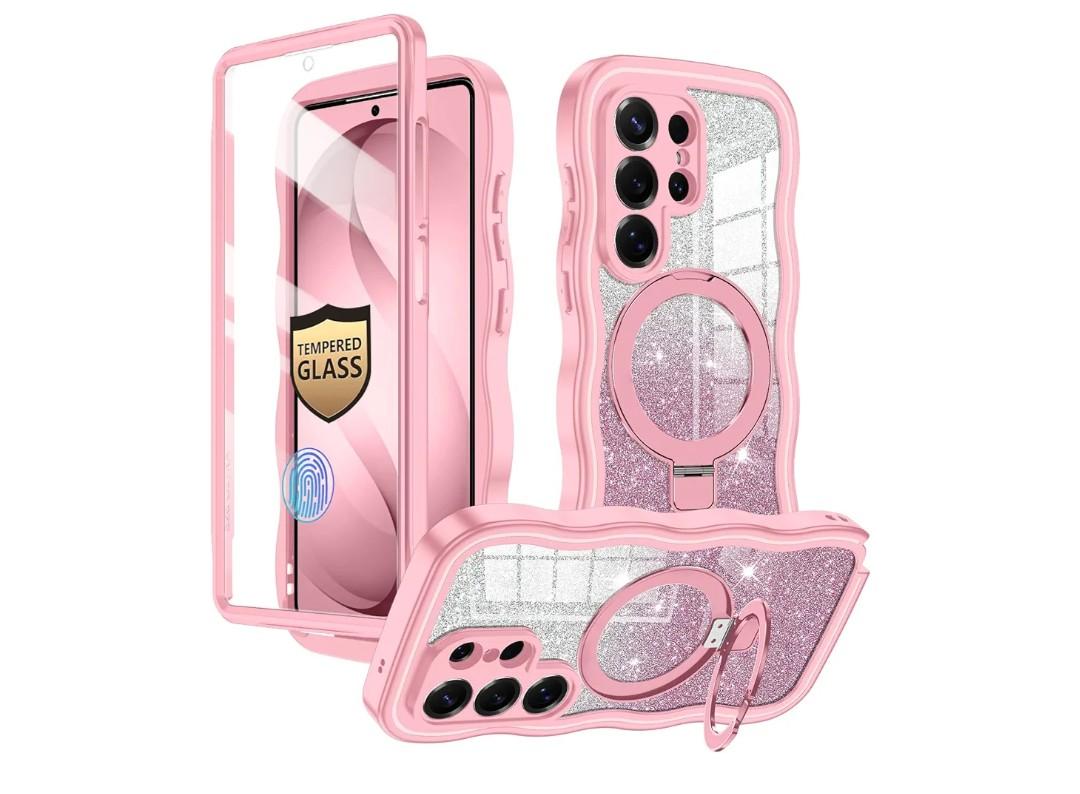 for Galaxy S26 Ultra Case, [Cute Wavy] [Magnetic Stand][Fit for MagSafe][Glitter Card][Built-in 9H+ Screen Protector] Military-Grade Drop Proof Shiny Cover for Samsung Galaxy S26 Ultra,Pink