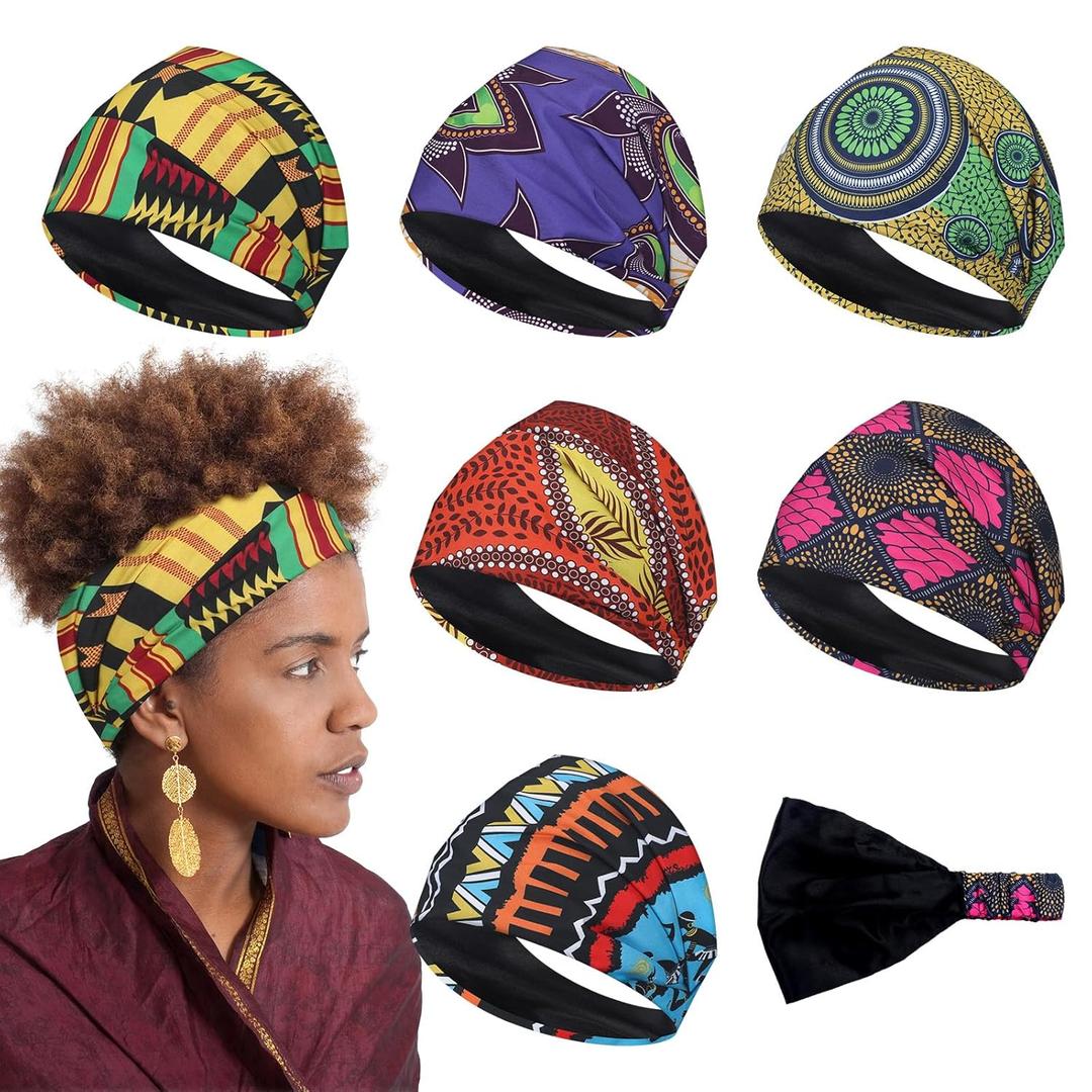 6 Pcs African Satin Lined Headbands Knotted Wide Non Slip Yoga Stretchy Turban Hair Scarfs Workout Printed Headwrap Hair Accessories for Women and Girls