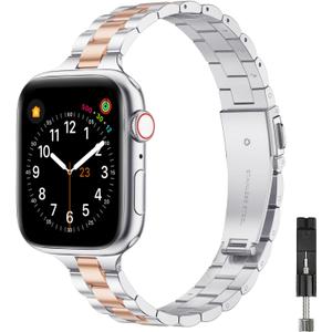 Thin Band Compatible with Apple Watch 40mm 38mm 41mm 42mm 44mm 45mm 49mm, Premium Stainless Steel Metal Replacement Adjustable Wristband Strap for iWatch Ultra SE Series 9/8/7/6/5/4/3/2/1 Women (Silver/Rose gold)
