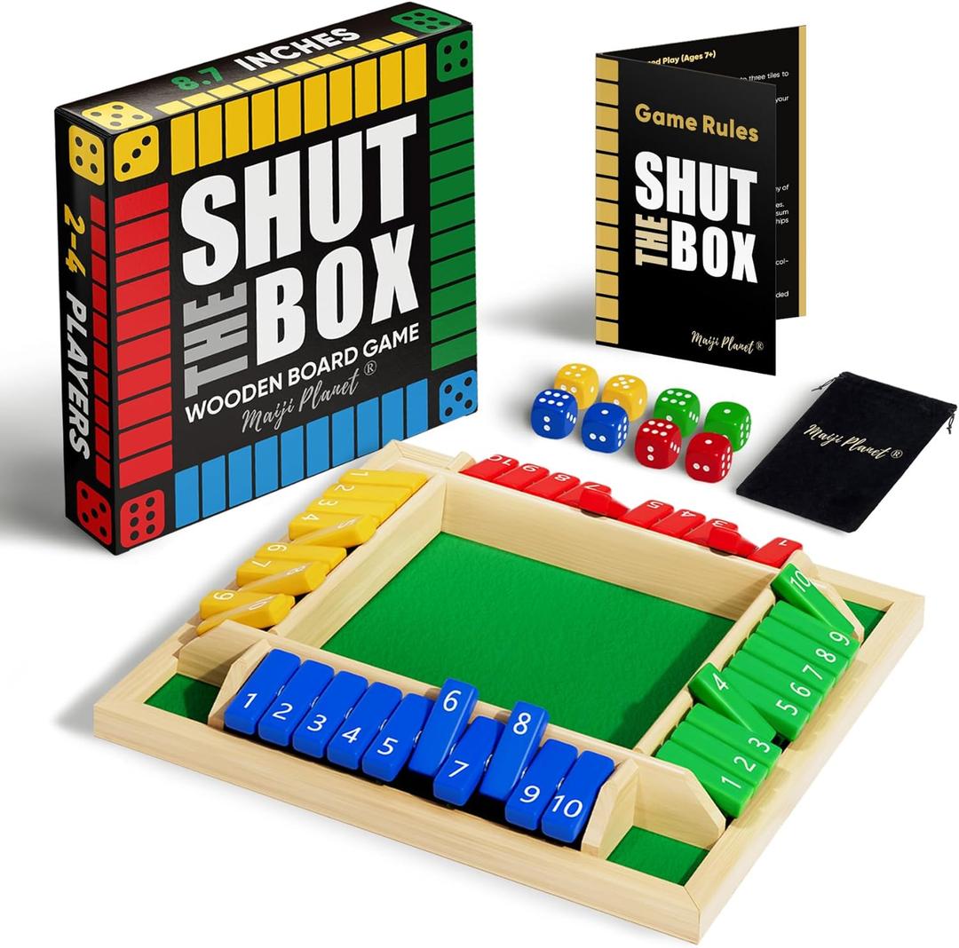 Classic Original Shut The Box Game, Math Dice Board Game for Family Night Classroom Travel, Wooden Table for Group Kid Adult Senior, Camp Party Bar, Easy Quick and Fun, 2-4 Players (color-coded)