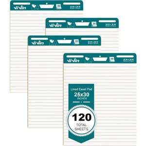 ViVin Lined Sticky Easel Pad, 25 x 30 Inches Flip Chart Paper for Teachers and Students, Large Self Stick Easel Paper, Teacher Anchor Chart, 30 Sheets/Pad, 4 Pads/Pack
