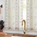 JINCHAN Boho Gray Stripe Kitchen Curtains and Valance Set Linen Tier Curtains Bohemian Small Window Drapes 36 Inch for Cafe Living Room Bathroom Window Treatments Rod Pocket 3 Pieces Set Grey on Beige, 26"W x 36"L