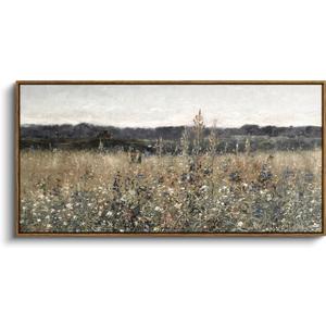 InSimSea Extra Large Framed Vintage Wall Art, Living Room Country Farmhouse Decor, Flower Meadow Landscape Paintings, Canvas Prints, Retro Scenery Long Pictures for Bedroom Above of Bed,20x40inch (Champ Fleuri)