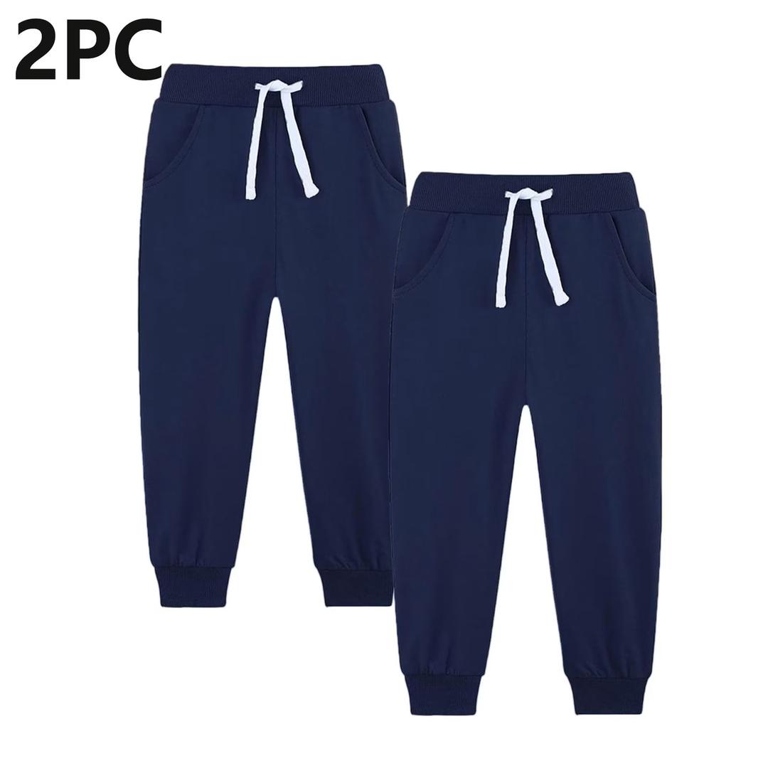 2pc Boys Sweatpants Cotton Youth Kids Soft Cold-proof Pocket Drawstring Elastic Bottom Joggers Casual Pants Navy 7-8 Years