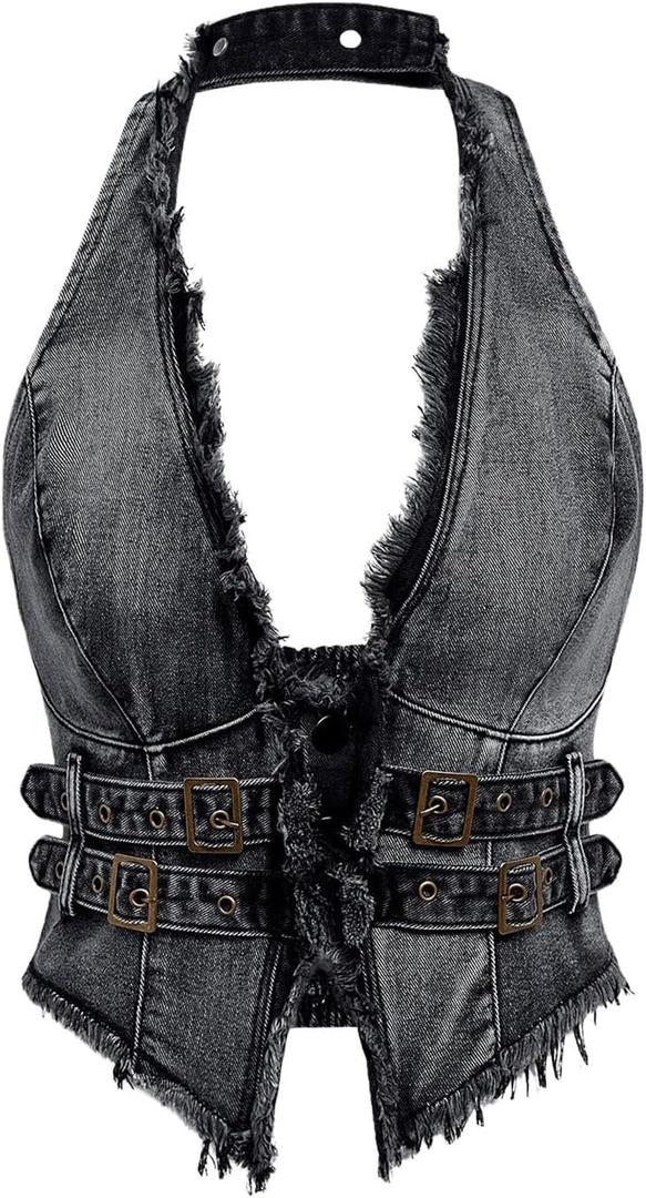 SHENHE Women's Open Back Frayed Denim Halter Top Smocked Grommet Buckle Hippie Sexy Jean Top, M