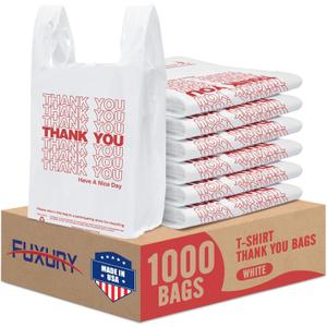 Fuxury 1000 Count Thank You Plastic Bags (11.5" x 6.5" x 21") White, T-shirt, Grocery, Take Out, To Go, Retail Shopping Bags in Bulk (Made in USA)