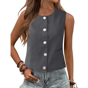 Rapbin Womens Vest Sleeveless Button Down Vest Tops Crew Neck Casual Dressy Waistcoat Business Outfits Suit Fashion (Gray, S)