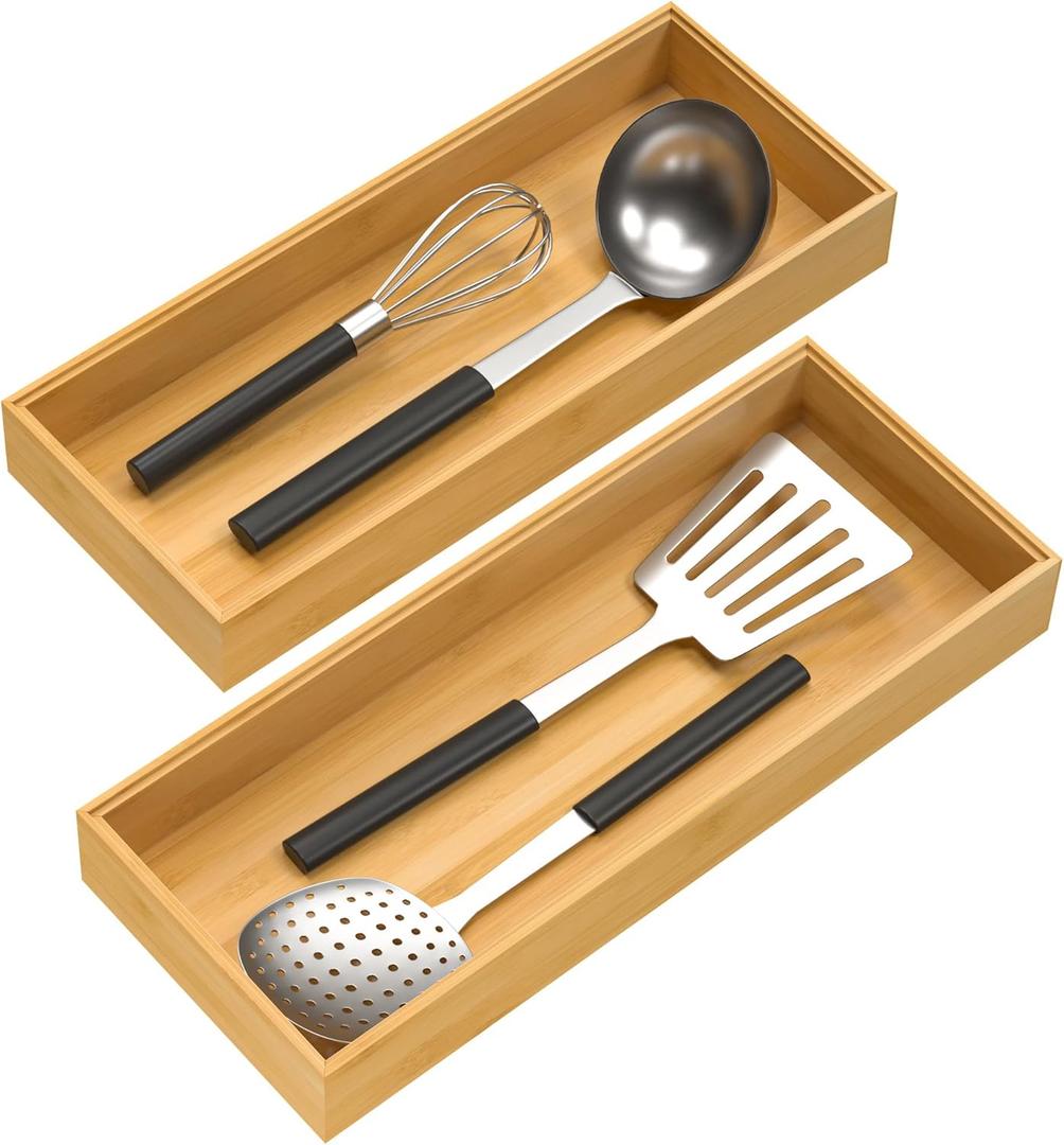VeyFey Bamboo Drawer Organizer, Stackable Utensil Organizer for Kitchen, Bamboo Storage Box Wood Silverware Tray for Drawer 15" x 6" x 2" Set of 2