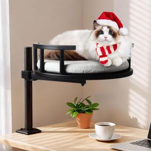 Cat Bed for Desk,14.9" Desk Cat Hammock with Clamp,Wooden Desktop Pet Perch, Elevated Cat's Nest Mounted on Table for Office & Computer Setup,360Rotating PerchMat Machine Washable,Black
