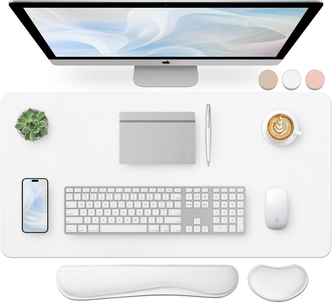 Bloss Leather Desk Pad and Keyboard Wrist Rest, Large Mouse Pad + Keyboard Pad+Mouse Wrist Support, Non-Slip Desk Mat Protector for Office, Home, (15.7" x 31.5", White-Wrist Rest)