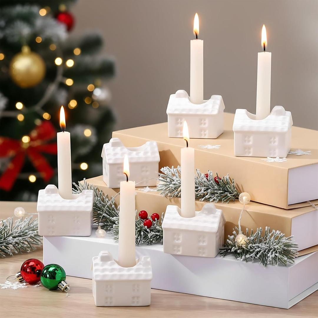 Yookeer 6 Pcs Christmas House Candle Holder White Ceramic Christmas Taper Candle Holders 2 Inch Snow House Candlestick Table Decorations for Winter Xmas Farmhouse Home Kitchen Table Decor