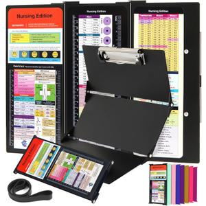 Nursing Clipboard Foldable with Medical Edition Cheat Sheets, 3 Layers Aluminum Foldable Clipboard for Nursing, Notepad for Students, Nursing School Essentials (Black)