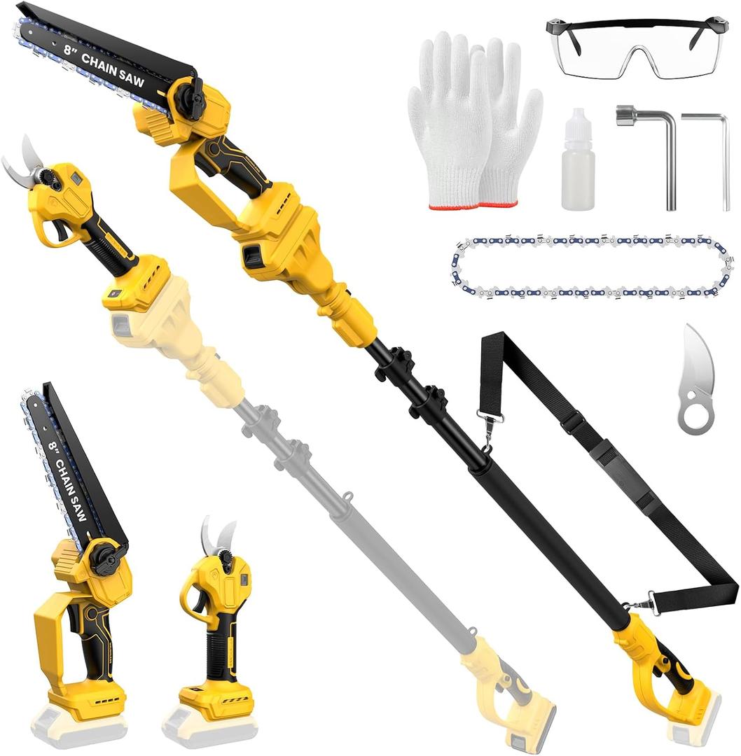 4-in-1 Cordless Pole Saw & Electric Pruning Shears Combo for De Walt 20V MAX Battery (No Battery), Brushless 8 Inch Mini Chainsaw, 15.8 FT Max Reach, Tree Trimmer & Branch Cutter
