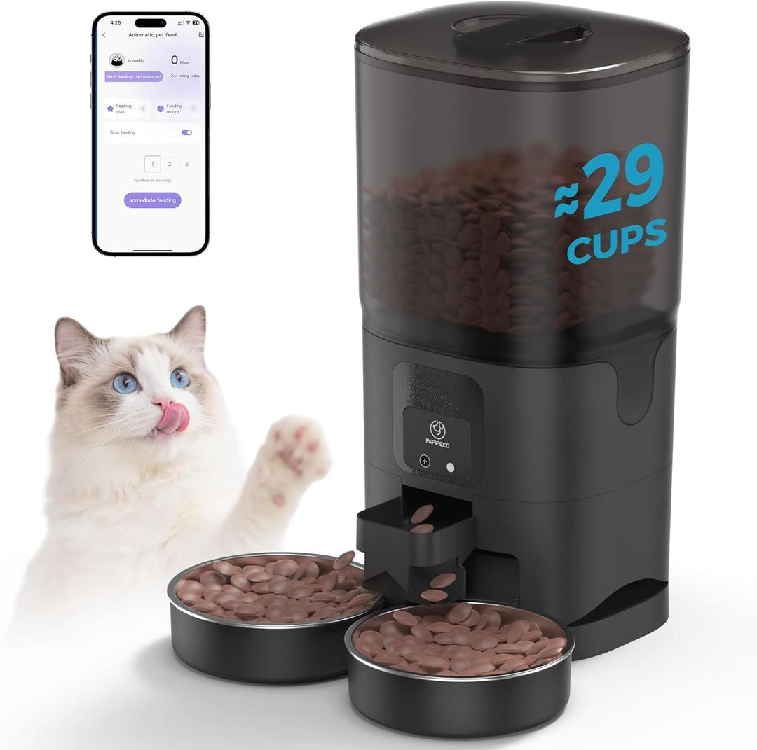 PAPIFEED Automatic Cat Feeder 2 Cats, 2.4G WiFi Cat Food Dispenser with App Control, 7L Slow Feeder Timed Cat Feeder for Dry Food, 10 Meals/Day, 12 Portions/Meal, Dual Power Supply, Black