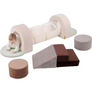 8PC Kids Foam Climbing Blocks with Play Tunnel, Arch Ramp | Crawl Through Tunnel Activity, Foam Climber Set for Babies, Toddler Indoor Soft Play Gym, for Crawling Sliding Gross Motor