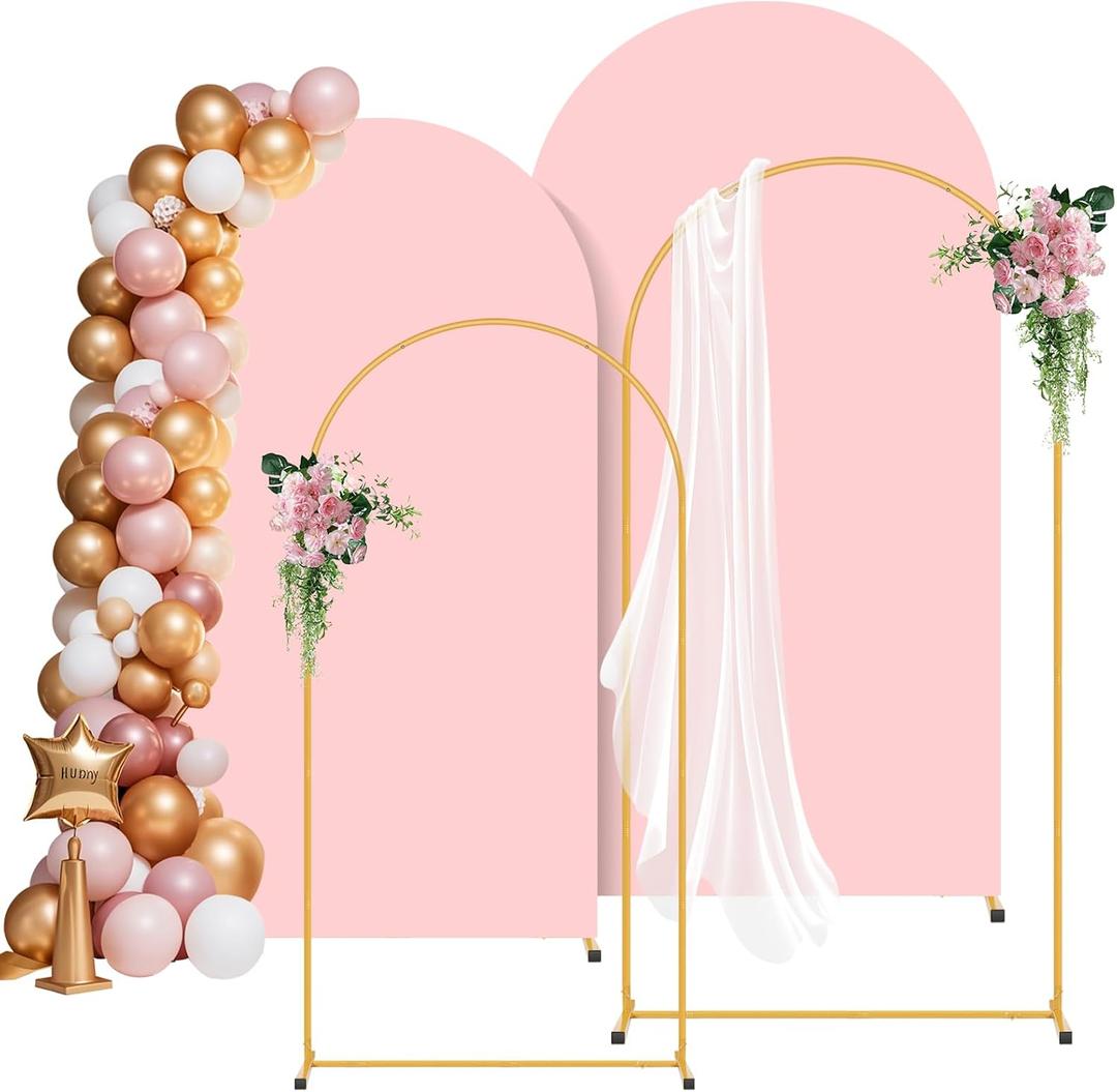 2 Pack Metal Arch Backdrop Stand and Cover Set (6FT / 7.2FT), Backdrop Arch Stand with Pink Arch Backdrop Cover