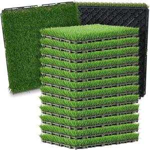 Windyun 32 Pack Artificial Grass Turf Interlocking Deck Tiles 12" x 12" Thick Synthetic Square Fake Interlocking Turf Self Draining Grass Tiles for Patio Indoor Outdoor Floor Decorations