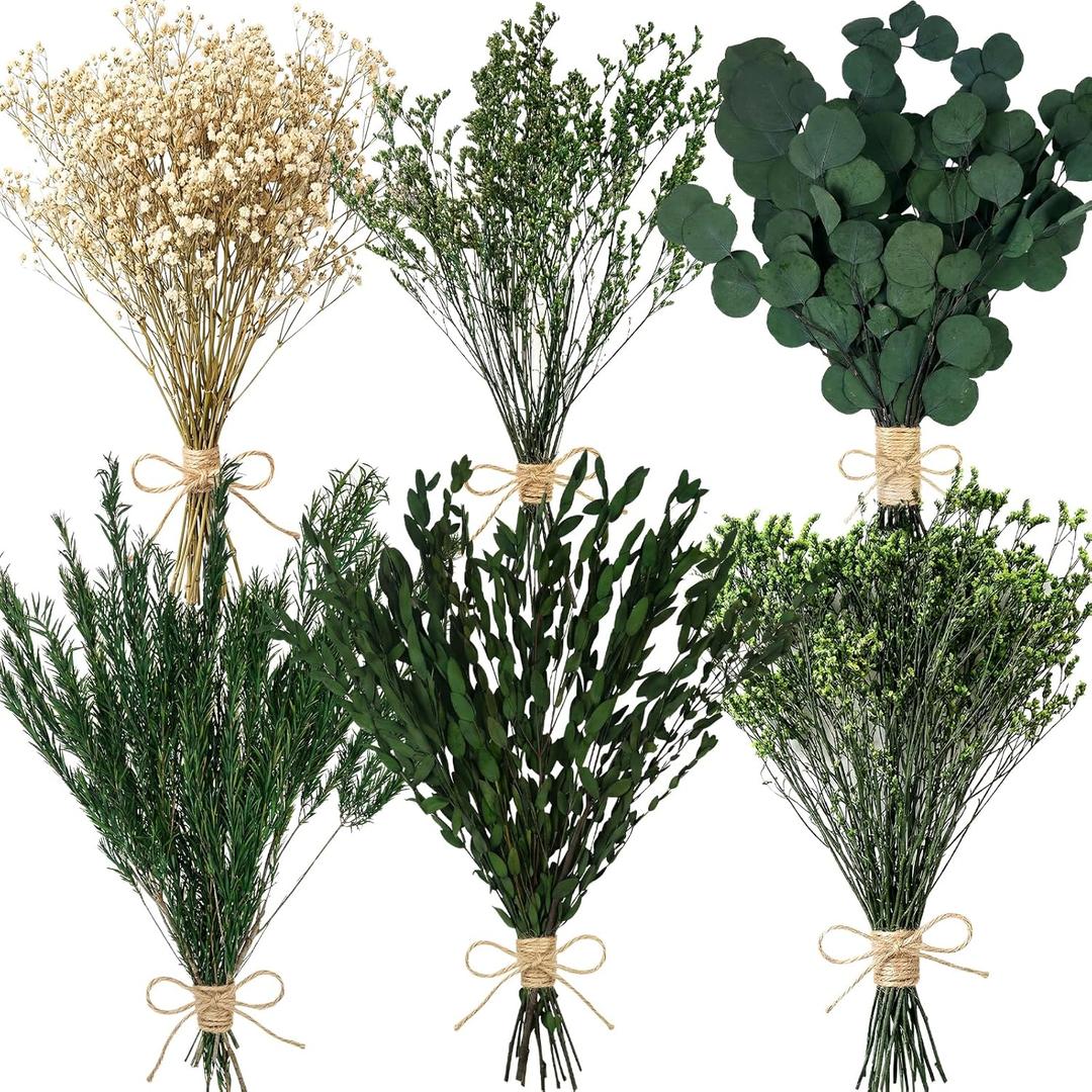 6 Bunches Large Size Dried Flowers and Dried Plant Mixed Bouquet 15 -17 Inch Green Series Natural Eucalyptus Babys Breath Rice Flower Floral Arrangement with Stems for Vase Wedding Farmhour Home Decor