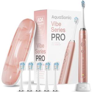 Aquasonic Vibe Series PRO  Ultra-Whitening Electric Toothbrush  5 Modes & Smart Timers  Premium Travel Case & 6 Proflex Brush Heads  ADA Accepted Toothbrush (Rose Gold)