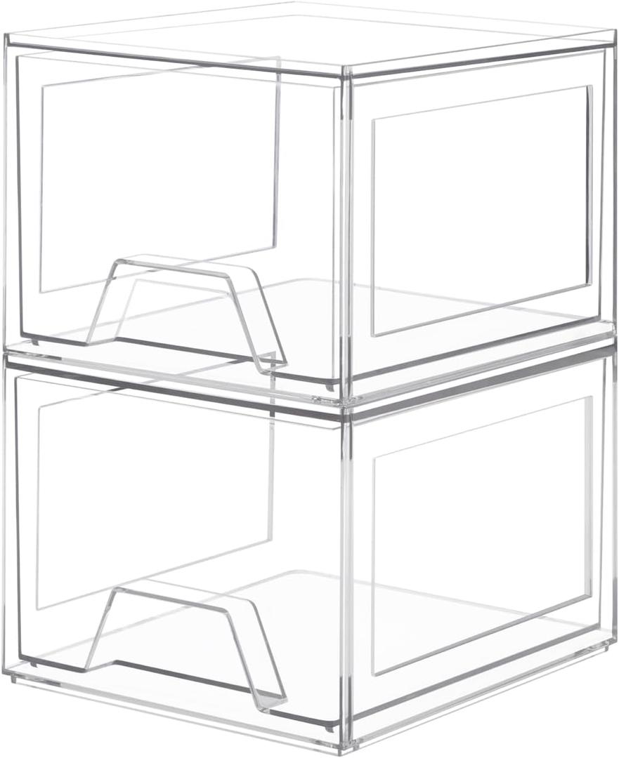 2 Pack Stackable Organizer Drawers, 4.4" Tall Clear Bathroom Makeup Organizer and Storage, Acrylic Plastic Organizers Bins for Vanity, Undersink, Bathroom, Pantry, Kitchen Cabinets