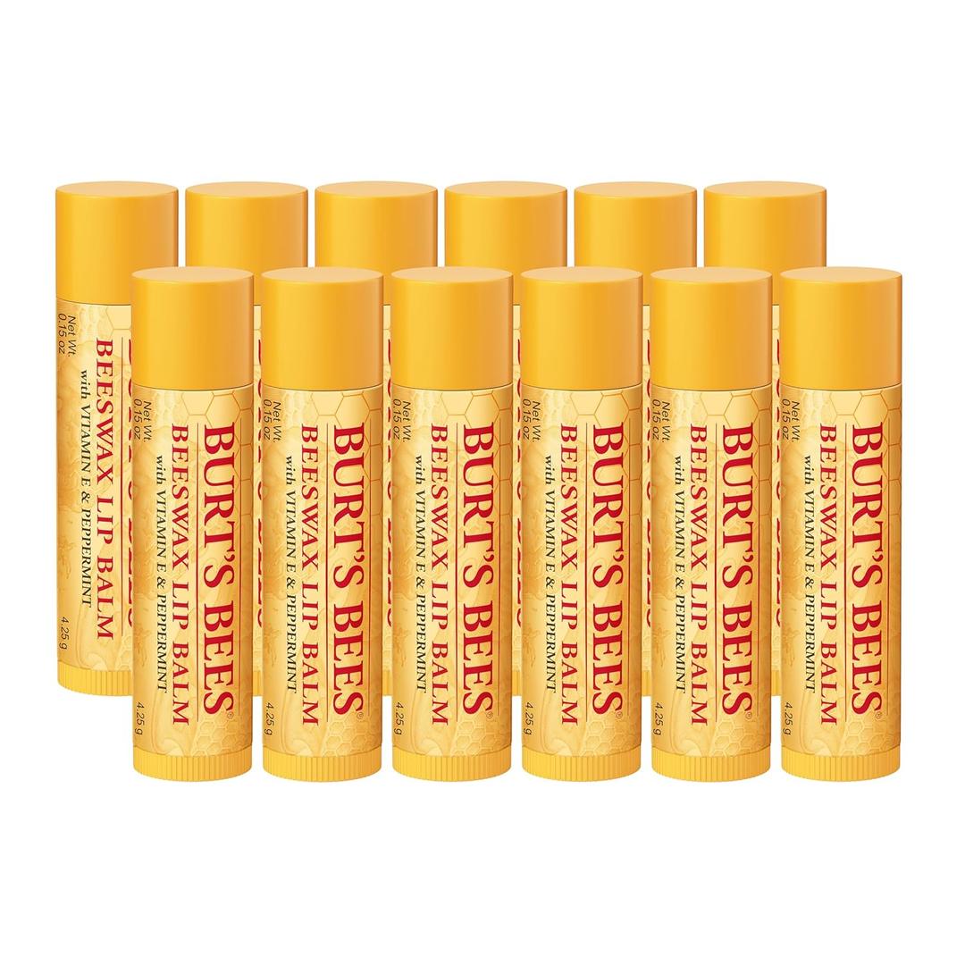 Burt's Bees Lip Balm - Original Beeswax 12 Count Pack in Bulk, Lip Moisturizer With Responsibly Sourced Beeswax, Tint-Free, Natural Origin Conditioning Lip Treatment, 12 Tubes, 0.15 oz (12 Count (Pack of 1))