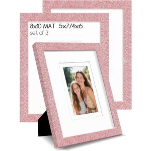 8x10 Pink Glitter Picture Frame Set of 3, Decorative Sparkling Photo Frame with 5x7/4x6 Mat for Tabletop or Wall Display, Poster Frame with Solid Wood and Real Glass, Scandinavian Style Home Decor