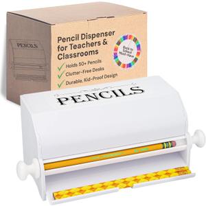 2 x SimplyImagine Pencil Dispenser for Classroom - White Acrylic Pencil Parking Organizer 10.5x5.5x4 in - Fits 50 No. 2 Pencils with Manual Rolling Knob - Teacher Must Haves Gadgets & Desk Decor