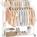 Laiensia Double Rods Garment Rack with Wheels, Clothing Rack for Hanging Clothes,4 Hooks, Multi-functional Bedroom Clothes Rack, White