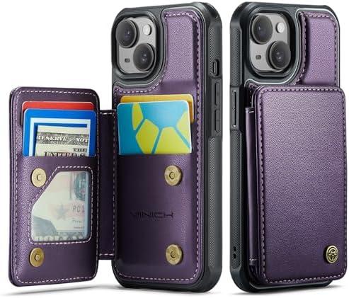 Vinich for iPhone 15 Wallet Case with Card Holder, RFID Blocking Credit Slots Kickstand Shockproof Phone Cover for Women Men, Purple