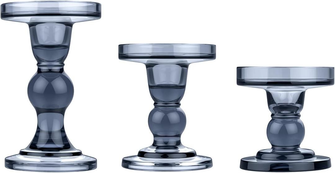 Glass Candle Holders, 3 Pieces Crystal Clear Candlesticks with Elegant Design for Pillar Taper Candle and Tea Light, Home Table Living Room Wedding Party Decorations Home Dcor - Smoky Blue